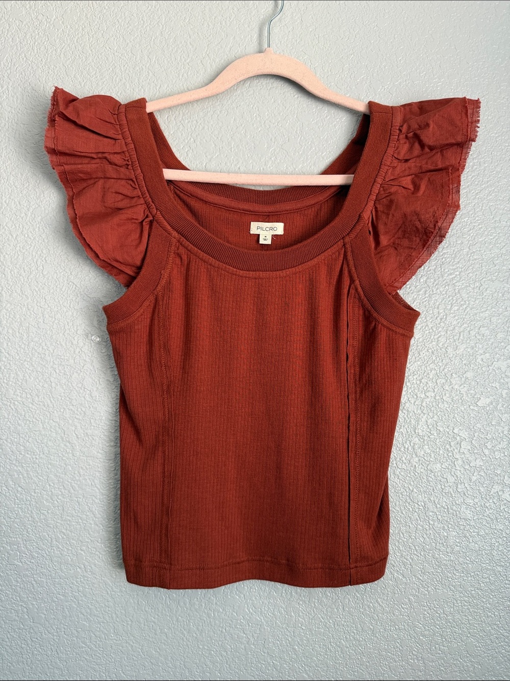 Pilcro Rust-Orange Ruffle Sleeve Ribbed Tank